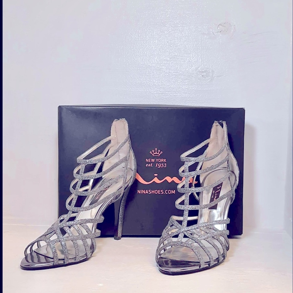 NINA MEDINA PEWTER BABY GLITTER HEEL SHOES WOMEN’S SZ 9 M